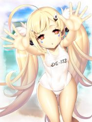 Rule 34 | 1girl, ahoge, armpits, azur lane, bare legs, beach, blonde hair, blurry, blurry background, breasts, collarbone, day, eldridge (azur lane), hair ornament, hairclip, incoming hug, long hair, looking at viewer, ocean, one-piece swimsuit, outstretched arms, red eyes, school swimsuit, sky, small breasts, solo, swimsuit, twintails, white school swimsuit, white one-piece swimsuit, yagitori