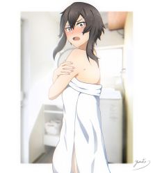Rule 34 | 1girl, asada shino, blurry, blurry background, blush, brown eyes, brown hair, cowboy shot, embarrassed, from side, hair between eyes, long hair, naked towel, open mouth, signature, solo, standing, sword art online, towel, wavy mouth, wet, wet hair, white towel, yaato (yamato99725444)