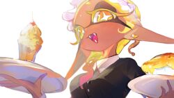 Rule 34 | 1girl, absurdres, black dress, blonde hair, blush, breasts, bright pupils, cherry, collared shirt, colored eyelashes, commentary, dark-skinned female, dark skin, dress, earrings, fangs, food, frilled headwear, fruit, frye (splatoon), glass, gradient eyes, gradient hair, hairband, heart, heart earrings, highres, holding, holding tray, ice cream, inkling, jewelry, long pointy ears, looking at viewer, maid, maid headdress, maki chaa, multicolored eyes, multicolored hair, nintendo, official alternate costume, open mouth, orange eyes, pie, pink hair, pointy ears, shirt, single earring, solo, splatoon (series), splatoon 3, star-shaped pupils, star (symbol), sundae, symbol-only commentary, symbol-shaped pupils, tentacle hair, tray, two-tone eyes, upper body, very long ears, white background, white hairband, white pupils, white shirt, yellow eyes