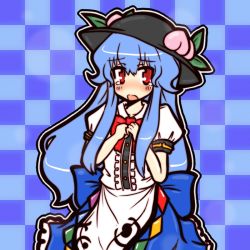 Rule 34 | 1girl, blue hair, blush, bow, checkered background, collarbone, eruru (erl), female focus, food, frills, fruit, hat, hinanawi tenshi, leaf, long hair, long skirt, open mouth, peach, red eyes, short sleeves, skirt, solo, tears, touhou, very long hair