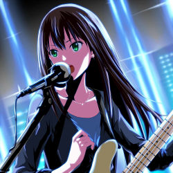 Rule 34 | 10s, 1girl, bass guitar, black hair, brown hair, earrings, green eyes, guitar, idolmaster, idolmaster cinderella girls, instrument, jewelry, long hair, microphone, microphone stand, music, no10, on stage, open mouth, shibuya rin, singing, solo