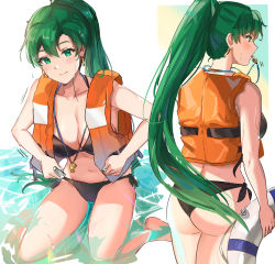 Rule 34 | 1girl, ass, back, bare shoulders, bikini, black bikini, blush, breasts, cleavage, collarbone, contemporary, earrings, fire emblem, fire emblem: the blazing blade, green eyes, green hair, halterneck, high ponytail, highres, innertube, jewelry, large breasts, life vest, long hair, looking at viewer, lyn (fire emblem), mouth hold, multiple views, navel, nintendo, ormille, ponytail, side-tie bikini bottom, simple background, smile, swim ring, swimsuit, thighs, water, whistle, whistle around neck, white background