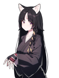 Rule 34 | 1girl, absurdres, animal ears, arknights, beudelb, black gloves, black kimono, blush, braid, closed mouth, facial mark, fingerless gloves, forehead mark, gloves, hair over shoulder, highres, japanese clothes, kimono, long hair, long sleeves, looking at viewer, purple eyes, saga (arknights), simple background, solo, very long hair, white background