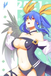 Rule 34 | 1girl, 2021, asymmetrical wings, bare shoulders, belt, black panties, blue hair, breasts, bug, butterfly, center opening, choker, clover, collarbone, dated, detached sleeves, dizzy (guilty gear), four-leaf clover, guilty gear, guilty gear x, guilty gear xx, hair between eyes, hair ribbon, hair rings, highres, huki, insect, large breasts, long hair, long sleeves, navel, open mouth, panties, puffy long sleeves, puffy sleeves, red eyes, ribbon, simple background, solo, stomach, tail, teeth, thigh strap, thighhighs, thighs, twintails, underwear, wings, yellow ribbon