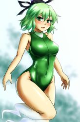 Rule 34 | 1girl, bad id, bad nicoseiga id, breasts, competition swimsuit, d-m (dii emu), ghost tail, green eyes, green hair, green one-piece swimsuit, hat, highres, loo, looking at viewer, medium breasts, one-piece swimsuit, open mouth, short hair, soga no tojiko, solo, swimsuit, tate eboshi, touhou