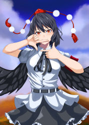 Rule 34 | 1girl, absurdres, belt, black belt, black hair, black neckwear, black ribbon, black skirt, black wings, blush, breasts, bright pupils, closed mouth, cloud, commentary request, cowboy shot, eyebrows hidden by hair, feathered wings, finger frame, gradient sky, hat, head tilt, highres, huge filesize, kinako umaiyone, looking at viewer, medium breasts, pom pom (clothes), puffy short sleeves, puffy sleeves, red eyes, red hat, ribbon, shameimaru aya, shirt, short hair, short sleeves, skirt, sky, smile, solo, standing, swept bangs, tassel, tokin hat, touhou, white shirt, wings