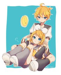 Rule 34 | 1boy, 1girl, ahoge, ascot, bare shoulders, blonde hair, blue eyes, blush, bow, brother and sister, collarbone, detached sleeves, hair bow, hair ornament, hairclip, half-closed eyes, highres, kagamine len, kagamine rin, knees up, leg warmers, looking at another, looking down, looking up, neckerchief, o3o, on person, puckered lips, sailor collar, shirt, short ponytail, shorts, siblings, signature, sitting, sleeveless, sleeveless shirt, tono kabeuchi, tsurime, twins, twitter username, vocaloid, white bow, yellow neckerchief