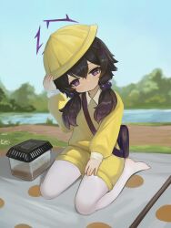 Rule 34 | 1girl, arm up, bag, black hair, blue archive, blue sky, blush, closed mouth, collared shirt, commentary request, day, dokomon, hair between eyes, hair bobbles, hair ornament, halo, hand on headwear, haruka (blue archive), hat, head tilt, highres, korean commentary, long hair, long sleeves, looking at viewer, low twintails, no shoes, outdoors, pantyhose, pantyhose under shorts, puffy long sleeves, puffy sleeves, purple eyes, rabbit hair ornament, river, school hat, shirt, shorts, shoulder bag, sitting, sky, smile, solo, twintails, wariza, water, white pantyhose, yellow hat, yellow shirt, yellow shorts