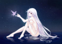 Rule 34 | 1girl, barefoot, blush, breast press, breasts, bug, butterfly, closed mouth, from side, full body, glowing, head tilt, insect, large breasts, light purple hair, long hair, natsuin, nude, original, purple eyes, reflection, ripples, sitting, smile, solo, testa421, very long hair