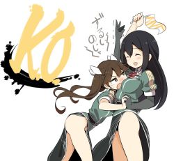 Rule 34 | 2girls, arm up, between breasts, black hair, breasts, brown eyes, brown hair, chikuma (kancolle), closed eyes, elbow gloves, gloves, head between breasts, holding hands, interlocked fingers, kantai collection, long hair, medium breasts, multiple girls, no panties, open mouth, pelvic curtain, reaching, shiyoo, single elbow glove, smile, tears, tone (kancolle), translation request, trembling, twintails