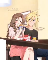 Rule 34 | 1boy, 1girl, aerith gainsborough, alternate costume, alternate hairstyle, artist name, bandaid, bandaid on knee, bandaid on leg, black shirt, blonde hair, blue eyes, blush, braid, breasts, burger, casual, closed eyes, cloud strife, cup, dated, denim, disposable cup, drinking straw, eating, fast food, feet out of frame, final fantasy, final fantasy vii, final fantasy vii remake, food, food on face, hair between eyes, hairband, holding, holding cup, holding food, indoors, jeans, jewelry, krudears, long hair, looking at another, medium breasts, pants, parted bangs, picture frame, pink shirt, pink skirt, puffy short sleeves, puffy sleeves, restaurant, ring, shirt, short hair, short sleeves, sidelocks, sitting, skirt, spiked hair, t-shirt, twin braids, twitter username, watermark, wavy hair, web address