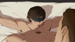Rule 34 | 2boys, armpit hair, armpits, bed, blindfold, blindfolded, body hair, brown hair, doubleleaf, erection, fellatio, highres, lying, male focus, multiple boys, nude, oral, penis, restrained, rope, sex, yaoi