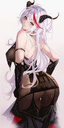 Rule 34 | 1girl, absurdres, aegir (azur lane), ass, azur lane, bare shoulders, black gloves, blush, breasts, earrings, elbow gloves, from behind, gloves, gradient background, hair between eyes, highres, horns, jewelry, large breasts, long hair, looking at viewer, looking back, multicolored hair, panipo, parted lips, red hair, silver hair, simple background, solo, streaked hair, thighs, yellow eyes