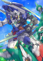 Rule 34 | 00 qan[t], blue eyes, extra eyes, fighting, glowing, glowing eyes, green eyes, gundam, gundam 00, gundam 00 a wakening of the trailblazer, highres, holding, holding sword, holding weapon, looking at viewer, mecha, mecha request, mobile suit, motion blur, ni~tsu kashi, no humans, robot, sky, sword, v-fin, weapon