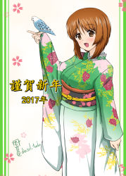 Rule 34 | 10s, 1girl, 2017, :d, animal, bird, bird on hand, bird request, brown eyes, brown hair, budgerigar (bird), chinese zodiac, diesel-turbo, floral background, floral print, girls und panzer, green kimono, japanese clothes, kimono, new year, nishizumi miho, open mouth, short hair, sidelocks, signature, smile, twitter username, wide sleeves, year of the rooster