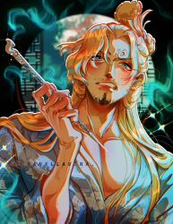 Rule 34 | 1boy, blonde hair, chonmage, clenched teeth, commentary, curly eyebrows, english commentary, facial hair, goatee, highres, holding, holding smoking pipe, japanese clothes, kimono, long hair, looking at viewer, male focus, mustache, one piece, sanji (one piece), smoke, smoking pipe, solo, teeth, topknot, twitter username, upper body, vanxllavina