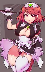 Rule 34 | 1girl, apron, breasts, cameltoe, cleavage, dress, expressionless, eyelashes, gloves, highleg, highleg panties, highres, holding, holding clothes, holding dress, inner sideboob, large breasts, leg up, looking at viewer, maid, maid apron, maid headdress, matching hair/eyes, panties, purple panties, pyra (xenoblade), re-sublimity-kun, red eyes, red hair, shiny skin, shoes, short hair, solo, standing, thick thighs, thighhighs, thighs, thong, underwear, white gloves, white thighhighs, xenoblade chronicles (series), xenoblade chronicles 2