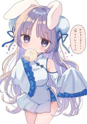 Rule 34 | 1girl, ame usako, animal ears, baozi, blue ribbon, blush, breasts, bun cover, rabbit ears, china dress, chinese clothes, commentary request, double bun, dress, eating, food, heart, holding, holding food, long hair, long sleeves, looking at viewer, medium breasts, original, purple eyes, purple hair, ribbon, signature, simple background, sleeves past fingers, sleeves past wrists, solo, translation request, twitter username, very long hair, white background, white dress, wide sleeves