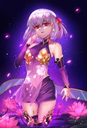 Rule 34 | 1girl, absurdres, armlet, collar, detached sleeves, dress, earrings, fate/grand order, fate (series), flower, hair ribbon, highres, ibenz009, jewelry, kama (fate), kama (first ascension) (fate), looking at viewer, lotus, metal collar, nail polish, partially submerged, pelvic curtain, pink ribbon, purple dress, purple legwear, purple skirt, purple sleeves, red eyes, ribbon, ring, skirt, thighlet
