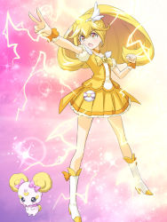Rule 34 | 10s, 1girl, blonde hair, boots, bow, candy (smile precure!), cure peace, eyelashes, hair flaps, kise yayoi, magical girl, masakichi (crossroad), pink bow, ponytail, precure, skirt, smile precure!, solo, sparks, v, wide ponytail, yellow bow, yellow eyes, yellow skirt, yellow theme