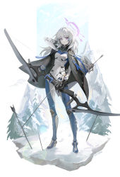 Rule 34 | 1girl, absurdres, arm behind head, arrow (projectile), bodysuit, bow (weapon), breasts, cloak, cyberpunk, full body, hair intakes, halo, highres, holding, holding bow (weapon), holding weapon, long hair, looking at viewer, mountain, original, parted lips, planted, planted arrow, purple eyes, quiver, signature, small breasts, snow, solo, soyoong jun, standing, tree, weapon, white hair