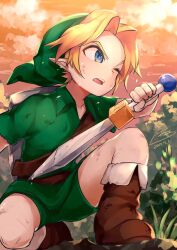 Rule 34 | 1boy, artist name, blonde hair, blue eyes, boots, brown footwear, child, cloud, cloudy sky, commentary request, green hat, green tunic, hat, highres, holding, kneeling, link, male focus, nintendo, niyama n, one eye closed, open mouth, orange sky, pointy ears, short hair, sky, solo, sword, teeth, the legend of zelda, the legend of zelda: majora&#039;s mask, the legend of zelda: ocarina of time, tunic, upper teeth only, weapon, young link