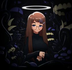 Rule 34 | 1girl, absurdres, astronowo, bags under eyes, blue eyes, brown hair, glasses, halo, highres, long hair, original, own hands together, ribbed sweater, round eyewear, sharp teeth, surrounded, sweater, teeth, turtleneck, turtleneck sweater, webbed hands