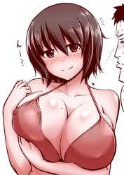 Rule 34 | 1boy, 1girl, bikini, blush, breast awe, breasts, brown eyes, brown hair, cleavage, collarbone, covered erect nipples, kanno takanori, large breasts, licking lips, looking at viewer, mole, mole on breast, red bikini, short hair, simple background, swimsuit, tongue, tongue out, upper body, white background