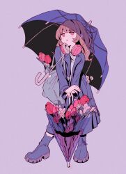 Rule 34 | 03moonmoonmoon, 1girl, :o, bag, black umbrella, blazer, blue footwear, blue jacket, blue skirt, blue umbrella, blunt bangs, boots, contrapposto, flower, full body, grey background, headphones, headphones around neck, highres, holding, holding umbrella, jacket, light brown hair, long hair, long skirt, long sleeves, looking at viewer, open clothes, open jacket, open mouth, original, own hands together, pink eyes, pink flower, pink headphones, pink tulip, pleated skirt, red flower, red tulip, rubber boots, school uniform, shirt, sidelocks, simple background, skirt, solo, straight hair, tote bag, transparent, transparent umbrella, tulip, two-sided umbrella, umbrella, water, white flower, white shirt