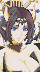 Rule 34 | 1girl, artist name, bare shoulders, black hair, blue eyes, breasts, choker, cleavage, closed mouth, collarbone, demon, demon girl, digimon, digimon (creature), eyebrows, eyeshadow, facial mark, fallen angel, female focus, forehead mark, hair intakes, hair ornament, highres, horns, large breasts, lilithmon, lips, lipstick, looking at viewer, makeup, mark of evil, mole, mole under eye, pointy ears, purple eyeshadow, purple lips, short hair, slit pupils, solo, upper body, wings