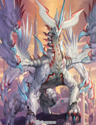 Rule 34 | 10s, blue eyes, building, claws, closed mouth, cloud, cloudy sky, crystal dragon, dragon, looking at viewer, monster, no humans, official art, outdoors, rock, scales, shingeki no bahamut, sky, standing, takayama toshiaki, tower, watermark, wings