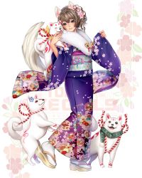 Rule 34 | 1girl, animal ears, blush, brown hair, commentary request, dog, dog tail, fingernails, floral background, floral print, full body, grey eyes, hair ornament, highres, japanese clothes, kimono, long sleeves, masami chie, obi, official art, rope, sandals, sash, shimenawa, simple background, smile, standing, tabi, tail, tokyo exe girls, wide sleeves