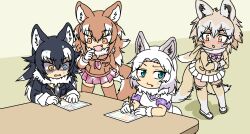 Rule 34 | 4girls, afterimage, alternate design, animal ears, aqua eyes, arm at side, black hair, blue eyes, blush, brown hair, chibi, closed mouth, commentary request, crossed arms, drawing, dual persona, empty eyes, fang, fang out, fur collar, gloom (expression), gloves, grey wolf (kemono friends), hair between eyes, hand rest, hand up, heterochromia, holding, holding pencil, jacket, japanese wolf (kemono friends), kemono friends, leaning forward, legs apart, light brown hair, long hair, long sleeves, looking at another, looking at object, medium hair, microskirt, motion lines, multicolored hair, multiple girls, necktie, open mouth, orange eyes, paper, parted lips, pencil, plaid, plaid necktie, plaid skirt, plaid sleeves, pleated skirt, red eyes, scarf, shaded face, shoes, short sleeves, sitting, skirt, srd (srdsrd01), standing, stress, sweat, sweatdrop, tail, tail wagging, tan, thighhighs, tundra wolf (kemono friends), two-tone hair, v-shaped eyebrows, white hair, wolf ears, wolf girl, wolf tail, yellow eyes, zettai ryouiki