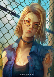 Rule 34 | 1girl, absurdres, android 18, arm tattoo, bespectacled, black shirt, blonde hair, blue eyes, bob cut, breasts, candy, chain-link fence, character tattoo, choker, cleavage, commentary, day, denim, denim jacket, dragon ball, dragonball z, earrings, english commentary, fence, food, glasses, hair between eyes, hair strand, head tilt, highres, jacket, jewelry, kuririn, large breasts, lips, lollipop, looking at viewer, looking over eyewear, looking over glasses, medium breasts, mouth hold, omegarer, outdoors, parted lips, pendant, realistic, shirt, short hair, shoulder tattoo, solo, sunglasses, sweat, tattoo, teeth, tinted eyewear, torn clothes, torn jacket, torn sleeves, upper body, yellow-tinted eyewear, yellow-tinted glasses