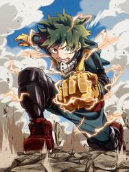 Rule 34 | 10s, 1boy, blue sky, boku no hero academia, clenched hand, cloud, day, freckles, gloves, green hair, grin, looking at viewer, male focus, midoriya izuku, outdoors, red footwear, shoes, short hair, sky, smile, solo, xxxenoki