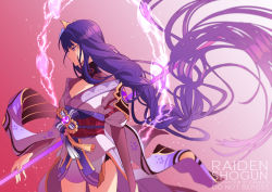 Rule 34 | 1girl, absurdly long hair, armor, braid, breasts, character name, cleavage, closed mouth, coattails, commentary, dakiarts, electricity, english commentary, floral print, flower, genshin impact, hair ornament, holding, holding poke ball, japanese clothes, kimono, long hair, long sleeves, medium breasts, mitsudomoe (shape), obi, obiage, obijime, poke ball, purple eyes, purple flower, purple hair, raiden shogun, ribbon, sash, shoulder armor, simple background, solo, tassel, tomoe (symbol), very long hair, wide sleeves