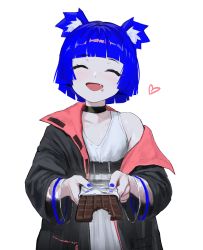 Rule 34 | 1girl, ;d, absurdres, animal ears, black choker, black jacket, blue hair, blue nails, candy, chocolate, chocolate bar, choker, closed eyes, dress, fang, food, food bite, giving, gris (vertigris), head tilt, heart, highres, jacket, light blush, long sleeves, nail polish, one eye closed, open clothes, open jacket, open mouth, original, pink eyes, short hair, simple background, smile, solo, upper body, vertigris, white background, white dress