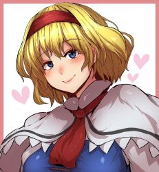 Rule 34 | 1girl, alice margatroid, blonde hair, blue eyes, capelet, closed mouth, commentary request, hairband, heart, highres, looking at viewer, red hairband, short hair, simple background, smile, solo, starraisins, touhou, upper body, white background, white capelet
