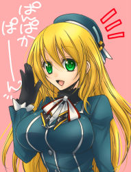 Rule 34 | 10s, 1girl, ^^^, atago (kancolle), blonde hair, breasts, gloves, green eyes, hat, kantai collection, large breasts, long hair, open mouth, pan-pa-ka-paaan!, personification, pink background, ribbon, simple background, solo, sousui hani, translated
