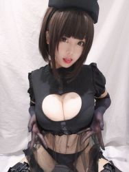 Rule 34 | 1girl, asian, black eyes, black hair, braces, breasts, buttons, chinese (nationality), cleavage, cleavage cutout, clothing cutout, costume, frills, hat, highres, laces, large breasts, leggings, mizhimaoqiu, panties, photo (medium), short hair, solo, tagme, underwear