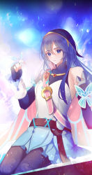 Rule 34 | 1girl, arcelle, bare shoulders, belt, blue bodysuit, blue eyes, blue hair, bodysuit, bug, butterfly, cape, collaboration, commentary, detached sleeves, dress, english commentary, fire emblem, fire emblem awakening, fire emblem heroes, gradient cape, gradient clothes, highres, insect, lucina (fire emblem), nighttide, nintendo, official alternate costume, pantyhose, ribbed bodysuit, ribbed legwear, short dress, solo, striped clothes, striped pantyhose, tiara, turtleneck, vertical-striped clothes, vertical-striped pantyhose