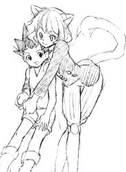 Rule 34 | 2boys, :3, androgynous, animal ears, boots, cat ears, cat tail, coin rand, crossed legs, doll joints, gon freecss, greyscale, height difference, hug, hunter x hunter, joints, leaning on person, legs, long hair, long sleeves, monochrome, multiple boys, neferpitou, pointy hair, shorts, shueisha, simple background, sketch, standing, tail, tank top, waistcoat, wavy hair, white background