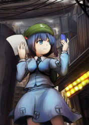 Rule 34 | 1girl, backpack, bag, blue eyes, blue hair, blue shirt, blue skirt, breasts, cellphone, city, closed mouth, collared shirt, commentary request, cowboy shot, flat cap, green hat, hair bobbles, hair ornament, hat, highres, holding, holding paper, holding phone, kawashiro nitori, long sleeves, looking to the side, medium breasts, medium hair, nekonekosan (kemushima3), outdoors, paper, phone, pocket, shirt, short twintails, skirt, skirt set, solo, touhou, twintails, two side up