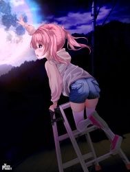 Rule 34 | 1girl, arm up, artist name, ass, brown hair, child, cloud, commentary request, denim, denim shorts, full body, full moon, highres, hood, hoodie, huge filesize, ladder, legs, long hair, moon, night, night sky, open mouth, original, outdoors, outstretched arm, pink eyes, pink hoodie, pink shirt, reaching, reaching towards viewer, red footwear, ribbon, shirt, shoes, short shorts, shorts, sky, solo, thighhighs, thighs, twintails, watermark, white thighhighs, yuzu project