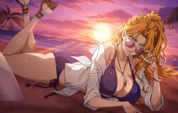Rule 34 | 1girl, absurdres, ass, beach, bikini, bleach, bleach: brave souls, breasts, cleavage, feet, grey eyes, highres, large breasts, legs, looking at viewer, lying, matsumoto rangiku, ocean, official art, on stomach, open clothes, open shirt, orange hair, parted lips, ponytail, seductive smile, smile, solo, sweat, swimsuit, the pose, thighs, water