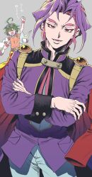 Rule 34 | ahoge, annoyed, choker, crossed arms, dyed bangs, forked eyebrows, goggles, goggles on head, green hair, highres, jacket, jumping, kbr oekaki, looking at viewer, male focus, multicolored hair, purple eyes, purple hair, red eyes, red hair, sakaki yuya, smile, smug, solo focus, translation request, two-tone hair, yu-gi-oh!, yu-gi-oh! arc-v, yuuri (yu-gi-oh!)