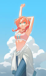 Rule 34 | 1girl, 272wallace, ahoge, arknights, arm up, armpits, bare arms, blue eyes, blue pants, blue poison (arknights), blue sky, braid, choker, clothes around waist, cloud, cumulonimbus cloud, day, earrings, embarrassed, floating hair, hair between eyes, hairband, highres, jewelry, long hair, midriff, navel, open mouth, orange hair, outdoors, pants, pink choker, pink sports bra, sky, solo, sports bra, standing, stomach, sweater, sweater around waist, twin braids, white hairband, white sweater