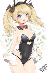 Rule 34 | 1girl, :d, animal ears, artist name, bare shoulders, black leotard, blonde hair, blue eyes, blush, bow, bowtie, breasts, brown bow, character request, cleavage, clothing cutout, collarbone, copyright request, covered navel, dated, detached collar, fake animal ears, floral background, frilled leotard, frills, groin, hair bow, heart cutout, highleg, highleg leotard, kinako (mzknk0), leotard, linea alba, looking at viewer, open mouth, playboy bunny, rabbit ears, red bow, red bowtie, signature, small breasts, smile, solo, strapless, strapless leotard, swept bangs, teeth, tongue, traditional bowtie, twintails, twitter username, upper teeth only, white background, wrist cuffs