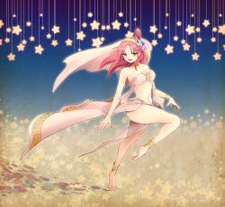 Rule 34 | 1girl, ankle cuffs, anklet, armlet, bare legs, barefoot, breasts, choker, dancer, dancing, flower, full body, hair ornament, harem outfit, jewelry, lots of jewelry, magi the labyrinth of magic, morgiana, navel, plantar flexion, red eyes, red hair, solo, standing, standing on one leg, star (symbol), tiptoes, tomomonga