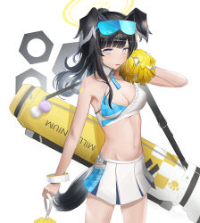 Rule 34 | 1girl, animal ears, arm up, armpits, bare shoulders, black hair, blue archive, blue eyes, bracelet, breasts, cheerleader, cleavage, cowboy shot, crop top, dog ears, dog girl, dog tail, goggles, goggles on head, halterneck, hibiki (blue archive), hibiki (cheer squad) (blue archive), highres, holding, iino (isnyong), jewelry, long hair, looking at viewer, medium breasts, midriff, millennium cheerleader outfit (blue archive), miniskirt, navel, open mouth, pleated skirt, pom pom (cheerleading), shirt, simple background, skirt, sleeveless, sleeveless shirt, solo, stomach, tail, white background, white shirt, white skirt